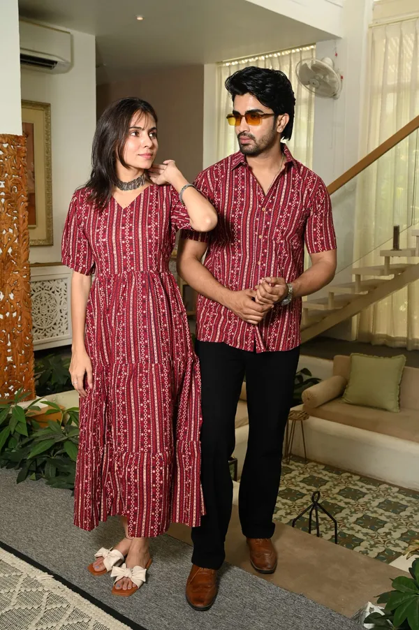 Couple_Matching_Maroon_Cotton_Anarkali_Midi_Dress_And_Shirt_Set_Vertical_Stripe_Ethnic_Print
