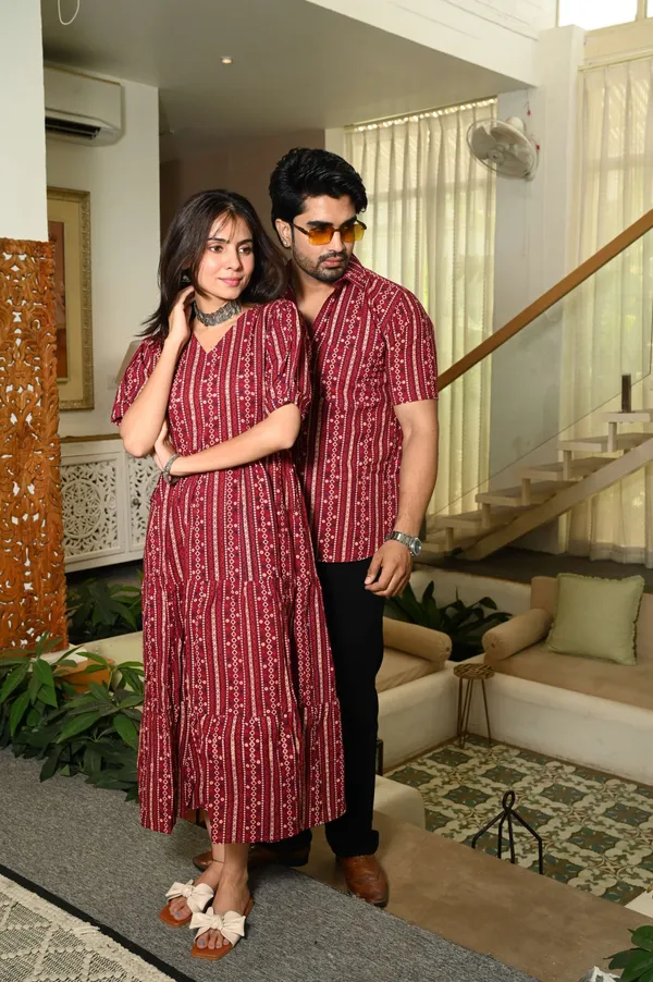 Couple_Matching_Maroon_Cotton_Anarkali_Midi_Dress_And_Shirt_Set_Vertical_Stripe_Ethnic_Print