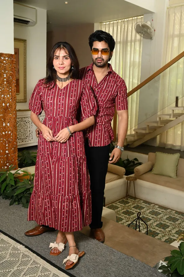 Couple_Matching_Maroon_Cotton_Anarkali_Midi_Dress_And_Shirt_Set_Vertical_Stripe_Ethnic_Print