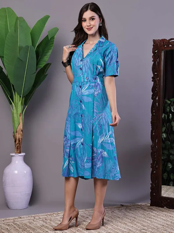 Women_S_Blue_Floral_Cotton_Pleated_Midi_Dress_With_Collar