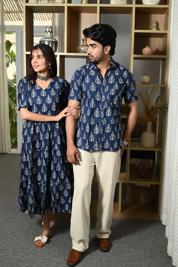 Couple_Matching_Navy_Blue_Printed_Cotton_Anarkali_Midi_Dress_Shirt_Set_Summer_Casual_Wear