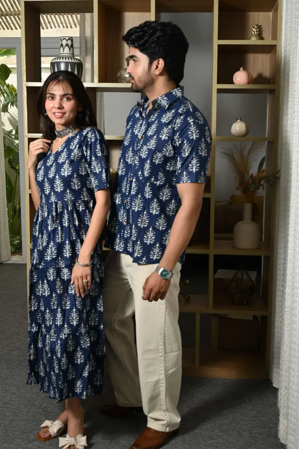 Couple_Matching_Navy_Blue_Printed_Cotton_Anarkali_Midi_Dress_Shirt_Set_Summer_Casual_Wear