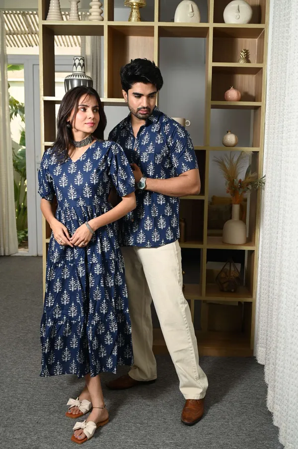 Couple_Matching_Navy_Blue_Printed_Cotton_Anarkali_Midi_Dress_Shirt_Set_Summer_Casual_Wear