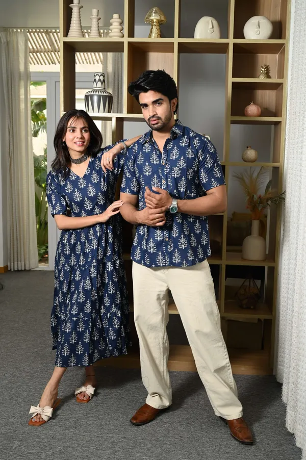 Couple_Matching_Navy_Blue_Printed_Cotton_Anarkali_Midi_Dress_Shirt_Set_Summer_Casual_Wear