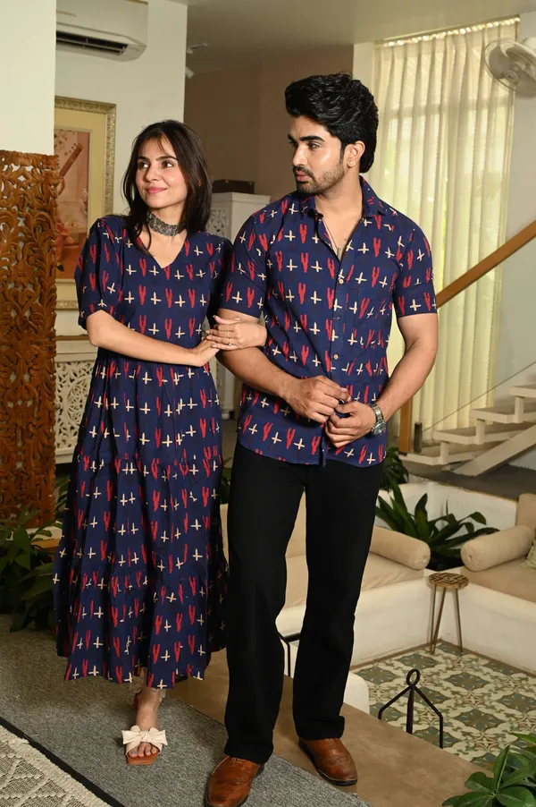 Couple_Matching_Navy_Blue_Cotton_Printed_Anarkali_Midi_Dress_Shirt_Set_Casual_Festive_Wear