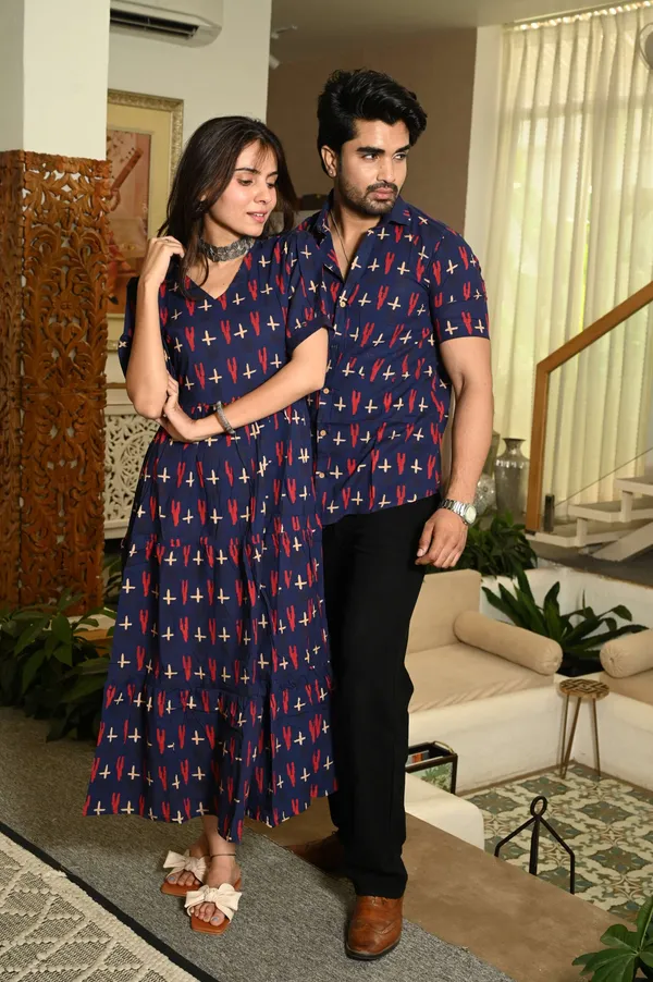 Couple_Matching_Navy_Blue_Cotton_Printed_Anarkali_Midi_Dress_Shirt_Set_Casual_Festive_Wear
