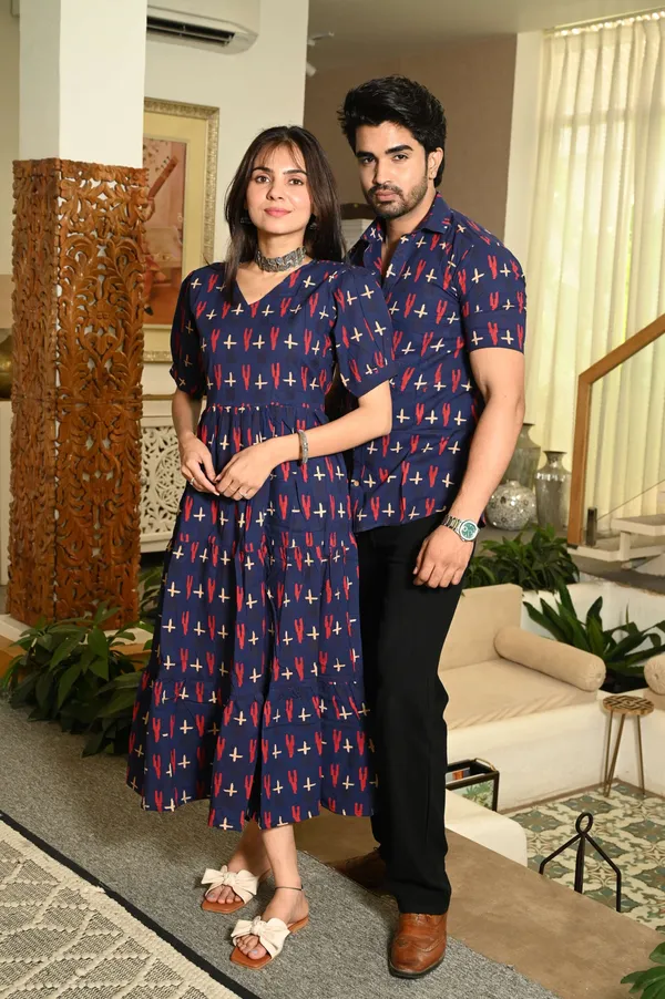 Couple_Matching_Navy_Blue_Cotton_Printed_Anarkali_Midi_Dress_Shirt_Set_Casual_Festive_Wear