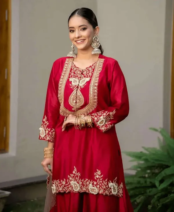 Women_S_Chinon_Silk_Sequence_Embroidery_Work_Straight_Kurti_With_Sharara_Suit_And_Dupatta_Set