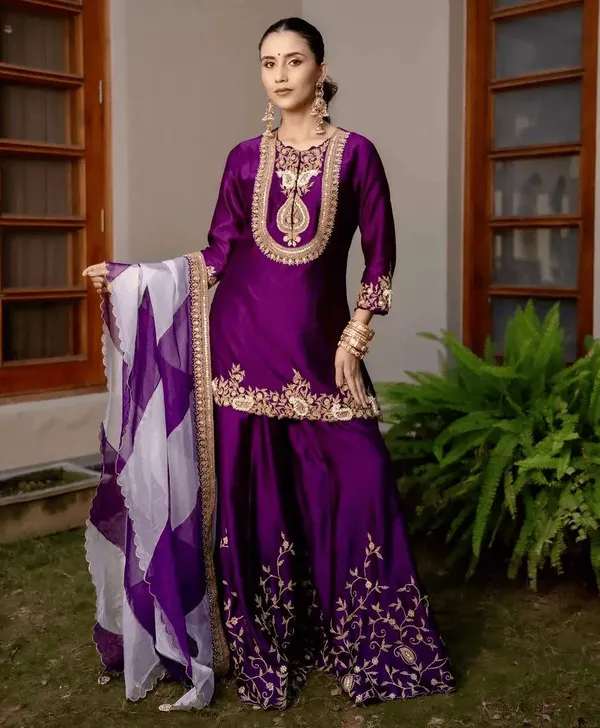 Women_S_Chinon_Silk_Sequence_Embroidery_Work_Straight_Kurti_With_Sharara_Suit_And_Dupatta_Set