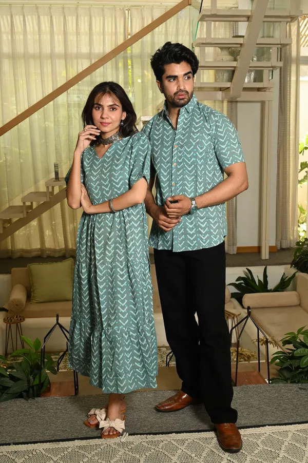 Couple_Matching_Green_Cotton_Anarkali_Midi_Dress_And_Shirt_Set_Arrow_Print