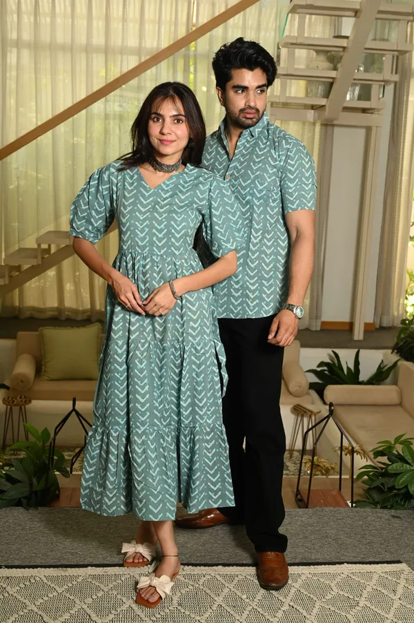 Couple_Matching_Green_Cotton_Anarkali_Midi_Dress_And_Shirt_Set_Arrow_Print