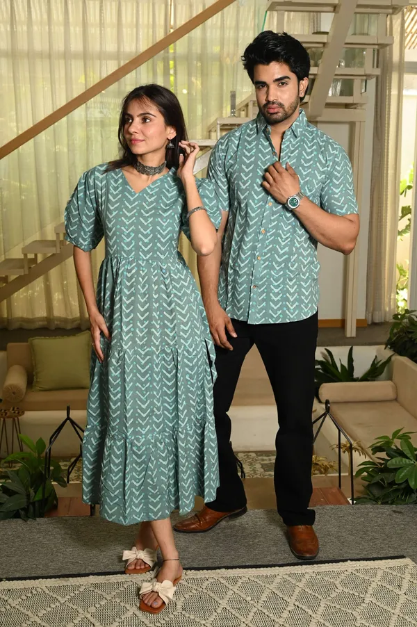 Couple_Matching_Green_Cotton_Anarkali_Midi_Dress_And_Shirt_Set_Arrow_Print