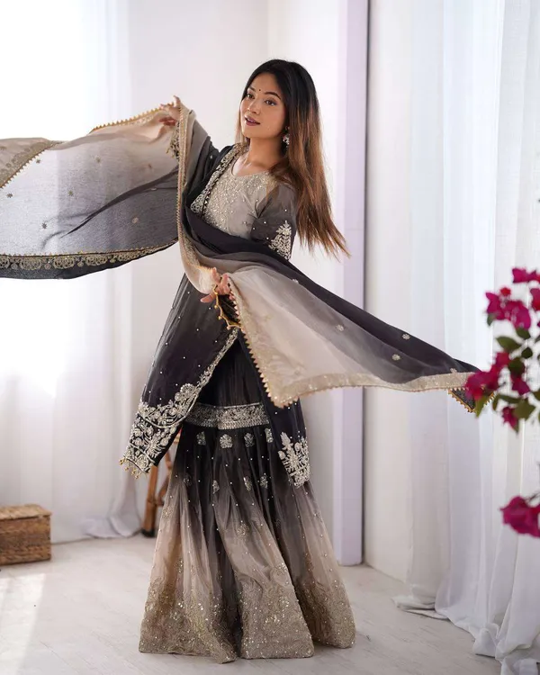 Women_S_Chinon_Silk_Sequence_With_Rivet_Moti_Work_Straight_Kurta_With_Sharara_And_Dupatta_Set