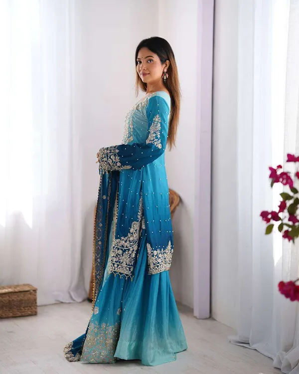 Women_S_Chinon_Silk_Sequence_With_Rivet_Moti_Work_Straight_Kurta_With_Sharara_And_Dupatta_Set