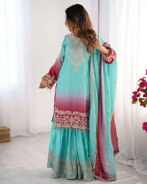 Women_S_Chinon_Silk_Sequence_With_Rivet_Moti_Work_Straight_Kurta_With_Sharara_And_Dupatta_Set
