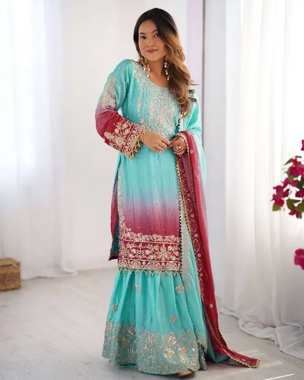Women_S_Chinon_Silk_Sequence_With_Rivet_Moti_Work_Straight_Kurta_With_Sharara_And_Dupatta_Set
