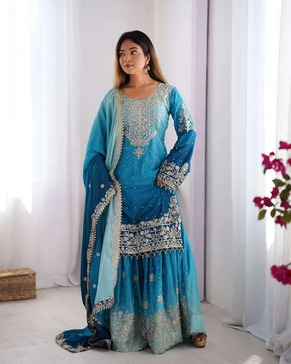 Women_S_Chinon_Silk_Sequence_With_Rivet_Moti_Work_Straight_Kurta_With_Sharara_And_Dupatta_Set