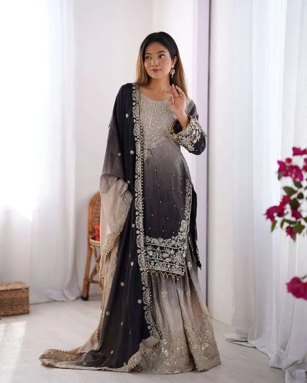 Women_S_Chinon_Silk_Sequence_With_Rivet_Moti_Work_Straight_Kurta_With_Sharara_And_Dupatta_Set