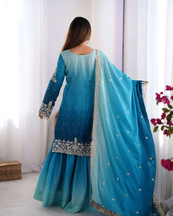 Women_S_Chinon_Silk_Sequence_With_Rivet_Moti_Work_Straight_Kurta_With_Sharara_And_Dupatta_Set