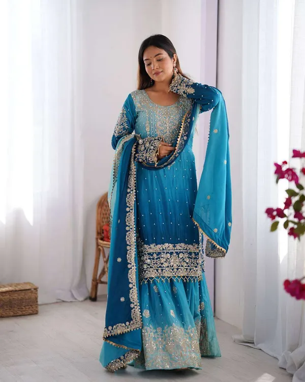 Women_S_Chinon_Silk_Sequence_With_Rivet_Moti_Work_Straight_Kurta_With_Sharara_And_Dupatta_Set