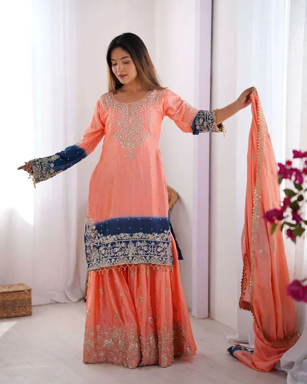 Women_S_Chinon_Silk_Sequence_With_Rivet_Moti_Work_Straight_Kurta_With_Sharara_And_Dupatta_Set