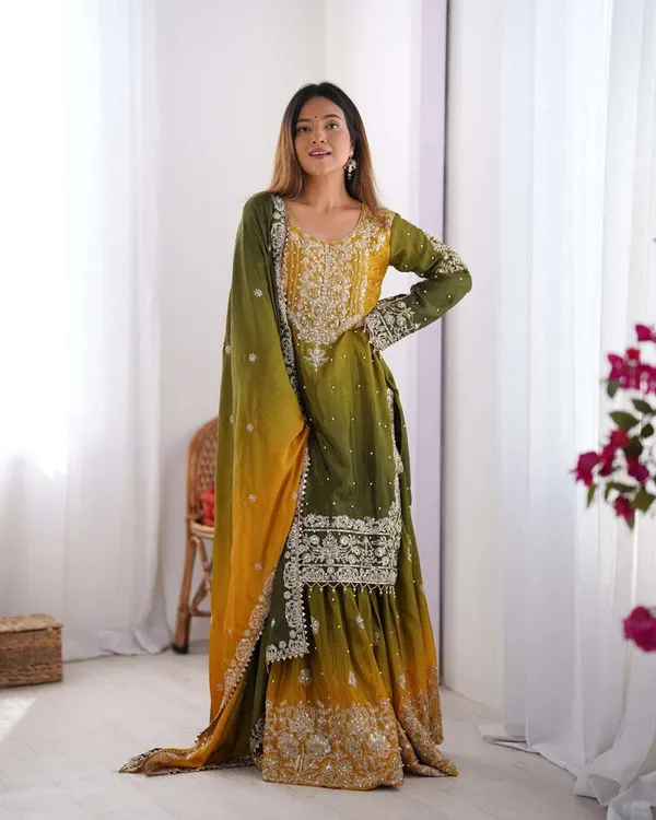 Women_S_Chinon_Silk_Sequence_With_Rivet_Moti_Work_Straight_Kurta_With_Sharara_And_Dupatta_Set