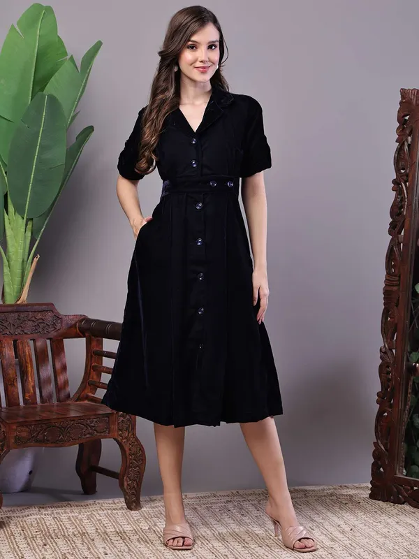 Women_S_Black_Velvet_Solid_Printed_Shirt_Midi_Dress_With_Belt