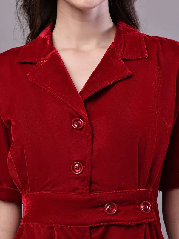 Women_S_Maroon_Velvet_Solid_Printed_Shirt_Midi_Dress_With_Belt