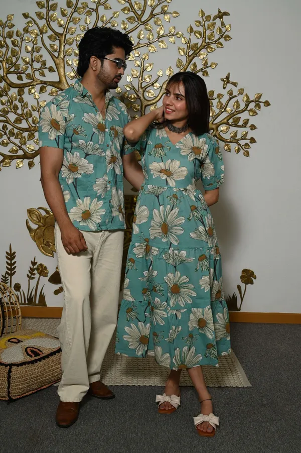 Couple_Matching_Teal_Blue_Floral_Printed_Cotton_Anarkali_Midi_Dress_Shirt_Set_Summer_Casual_Wear