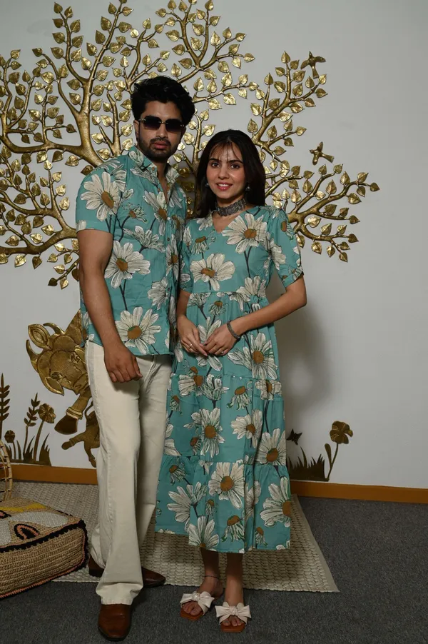 Couple_Matching_Teal_Blue_Floral_Printed_Cotton_Anarkali_Midi_Dress_Shirt_Set_Summer_Casual_Wear