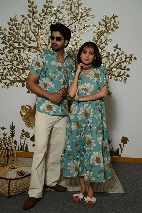 Couple_Matching_Teal_Blue_Floral_Printed_Cotton_Anarkali_Midi_Dress_Shirt_Set_Summer_Casual_Wear