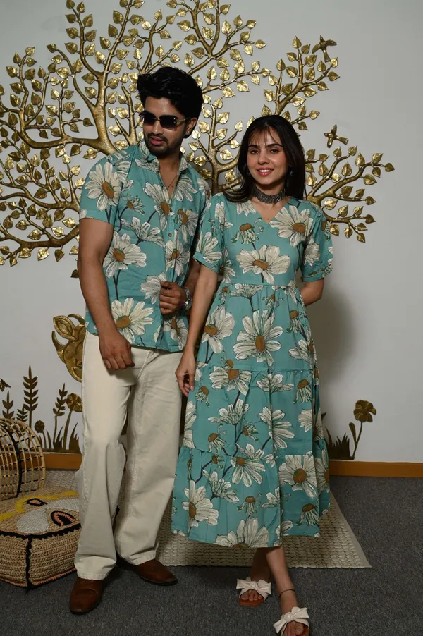 Couple_Matching_Teal_Blue_Floral_Printed_Cotton_Anarkali_Midi_Dress_Shirt_Set_Summer_Casual_Wear