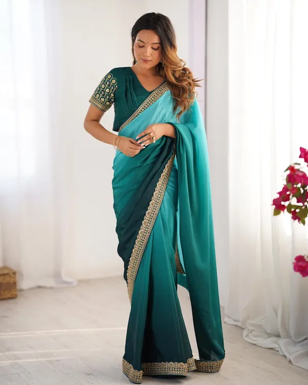 Women_S_Elegant_Ombre_Green_Georgette_Saree_With_Intricate_Golden_Zari_Stone_Embellishments_Complete_With_Heavily_Worked_Blouse_For_Festive_Wedding_Wear
