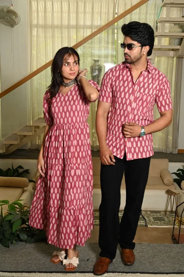 Couple_Matching_Pink_Cotton_Anarkali_Midi_Dress_And_Shirt_Set_White_Handblock_Leaf_Print