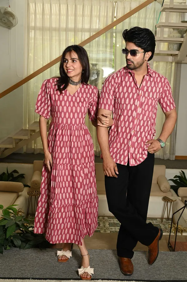 Couple_Matching_Pink_Cotton_Anarkali_Midi_Dress_And_Shirt_Set_White_Handblock_Leaf_Print