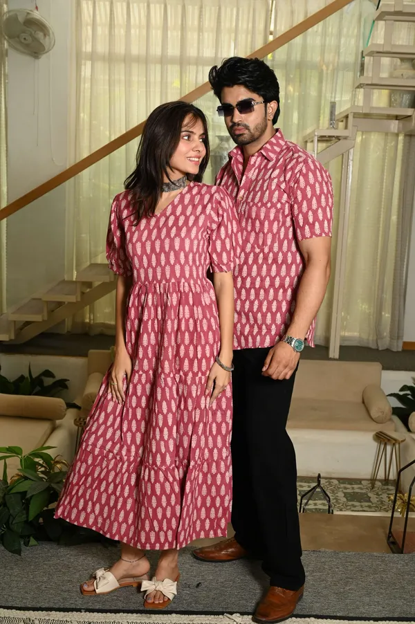 Couple_Matching_Pink_Cotton_Anarkali_Midi_Dress_And_Shirt_Set_White_Handblock_Leaf_Print