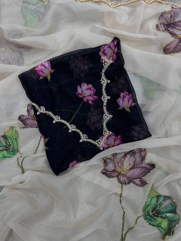 Women_S_Exquisite_Lavender_White_Organza_Saree_With_Hand_Painted_Lotus_Floral_Motifs_Gold_Embellished_Border_Complete_With_Matching_Printed_Blouse_For_Festive_Special_Occasions