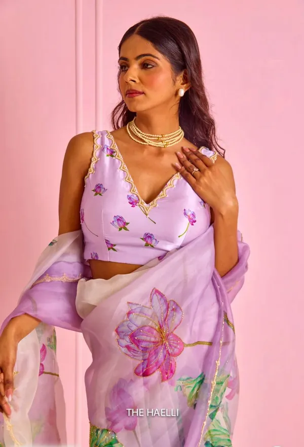 Women_S_Exquisite_Lavender_White_Organza_Saree_With_Hand_Painted_Lotus_Floral_Motifs_Gold_Embellished_Border_Complete_With_Matching_Printed_Blouse_For_Festive_Special_Occasions
