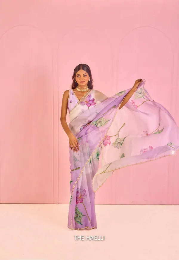 Women_S_Exquisite_Lavender_White_Organza_Saree_With_Hand_Painted_Lotus_Floral_Motifs_Gold_Embellished_Border_Complete_With_Matching_Printed_Blouse_For_Festive_Special_Occasions
