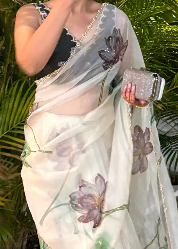 Women_S_Exquisite_Lavender_White_Organza_Saree_With_Hand_Painted_Lotus_Floral_Motifs_Gold_Embellished_Border_Complete_With_Matching_Printed_Blouse_For_Festive_Special_Occasions