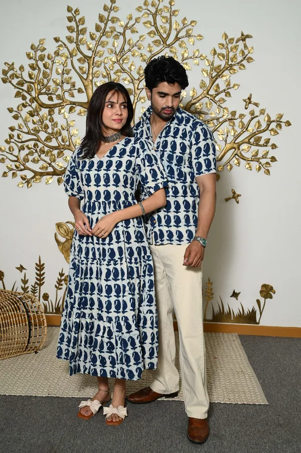 Couple_Matching_White_And_Blue_Printed_Cotton_Anarkali_Midi_Dress_Shirt_Set_Summer_Casual_Wear