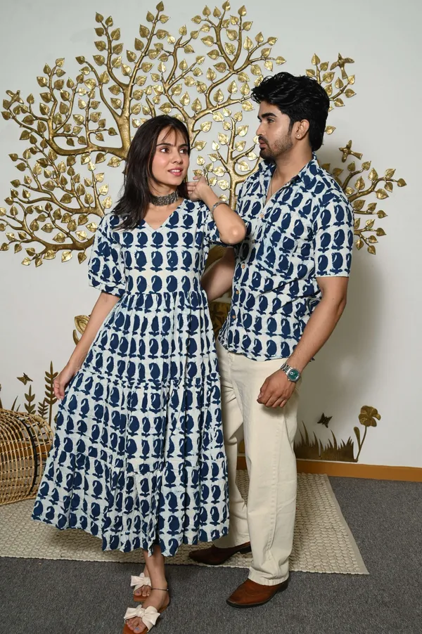 Couple_Matching_White_And_Blue_Printed_Cotton_Anarkali_Midi_Dress_Shirt_Set_Summer_Casual_Wear