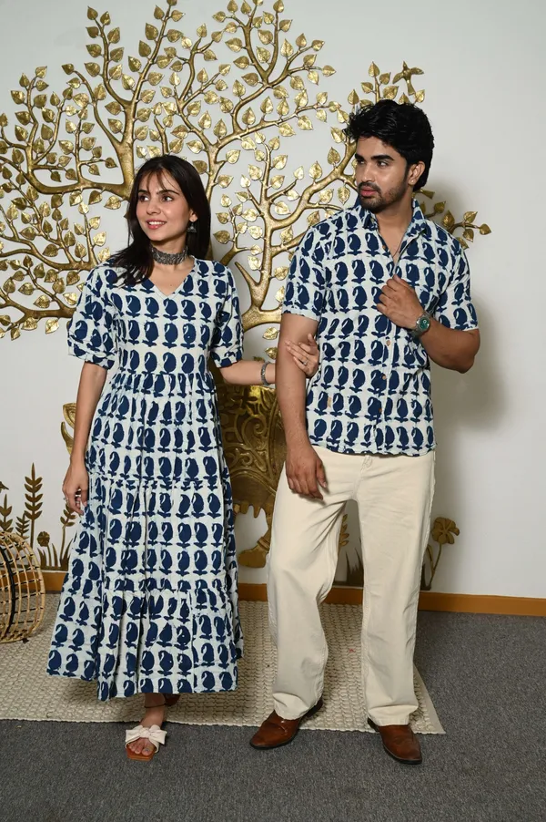 Couple_Matching_White_And_Blue_Printed_Cotton_Anarkali_Midi_Dress_Shirt_Set_Summer_Casual_Wear