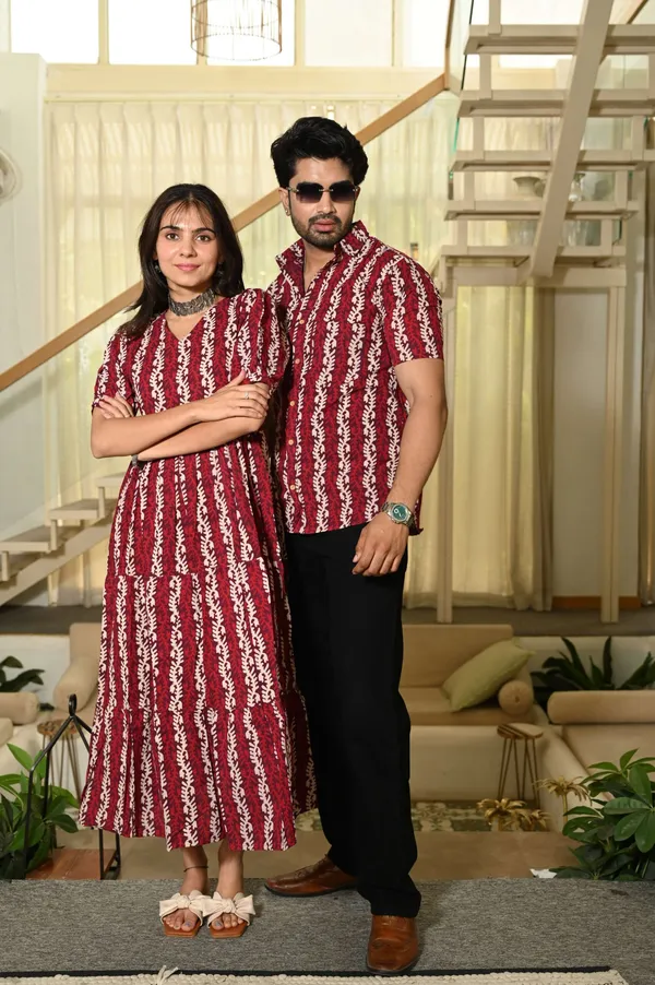Couple_Matching_Red_Cotton_Anarkali_Midi_Dress_And_Shirt_Set_Vertical_Vine_Block_Print