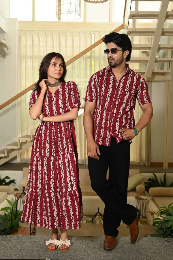 Couple_Matching_Red_Cotton_Anarkali_Midi_Dress_And_Shirt_Set_Vertical_Vine_Block_Print