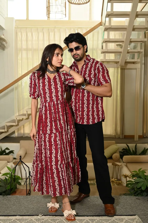 Couple_Matching_Red_Cotton_Anarkali_Midi_Dress_And_Shirt_Set_Vertical_Vine_Block_Print