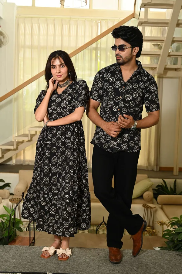 Couple_Matching_Black_Floral_Printed_Cotton_Anarkali_Midi_Dress_Shirt_Set_Summer_Casual_Wear