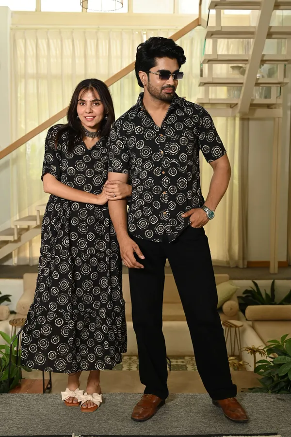 Couple_Matching_Black_Floral_Printed_Cotton_Anarkali_Midi_Dress_Shirt_Set_Summer_Casual_Wear
