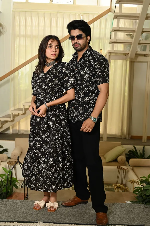 Couple_Matching_Black_Floral_Printed_Cotton_Anarkali_Midi_Dress_Shirt_Set_Summer_Casual_Wear