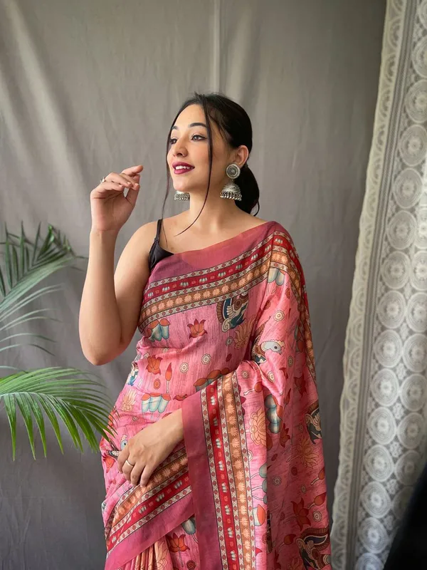 Women_S_Artistic_Terracotta_Orange_Linen_Saree_With_Kalamkari_Inspired_Print_Tassel_Detailing_Perfect_For_Casual_Festivities_Cultural_Events